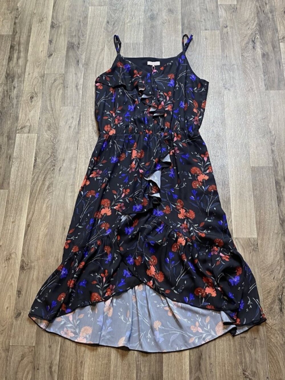 New Parker Dress Size Large Midi Black Paradise Floral Ruffled Boho Cocktail